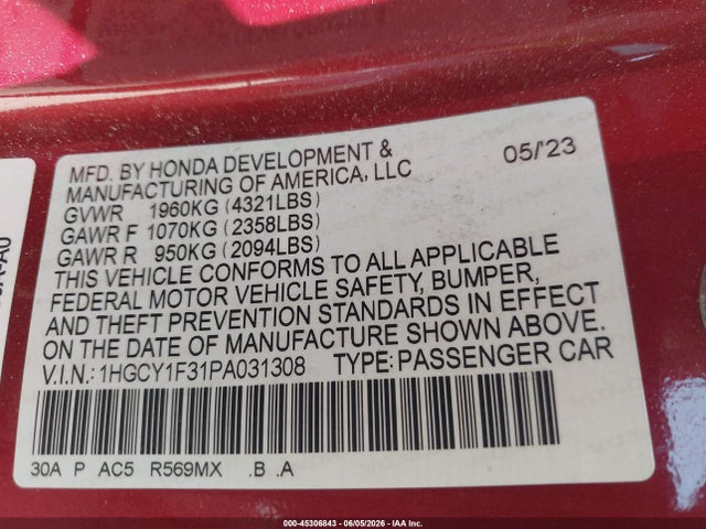 1HGCY1F31PA031308 Honda ACCORD EX