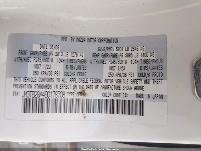 Aukcja sprzedaży 2009 Mazda Cx-9 Sport, vin: JM3TB28A490178708, numer aukcji: 45306845