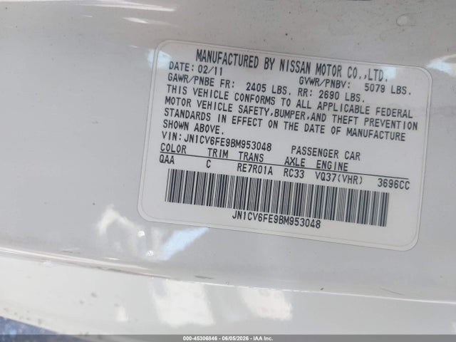 45306846 :رقم المزاد ، JN1CV6FE9BM953048 vin ، 2011 Infiniti G37 مزاد بيع