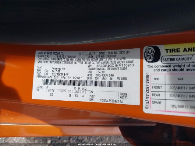 45306853 :رقم المزاد ، 3FADP4GX1HM116913 vin ، 2017 Ford Fiesta St مزاد بيع