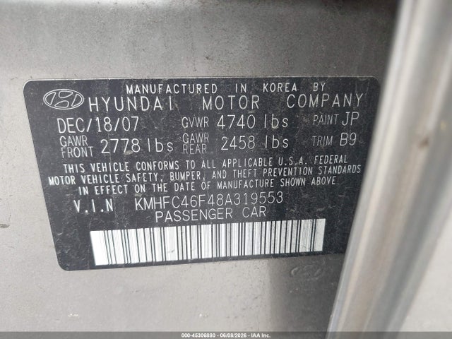 Продаж на аукціоні авто 2008 Hyundai Azera Limited, vin: KMHFC46F48A319553, номер лоту: 45306880