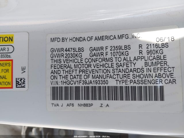 Aukcja sprzedaży 2018 Honda Accord Sport, vin: 1HGCV1F39JA193350, numer aukcji: 45306891