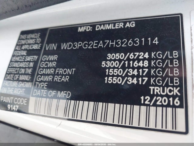 45306893 :رقم المزاد ، WD3PG2EA7H3263114 vin ، 2017 Mercedes-benz Metris مزاد بيع