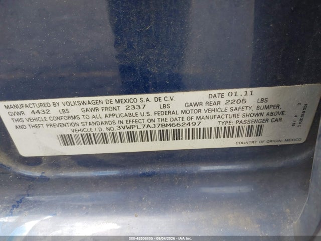 2011 Volkswagen Jetta Sportwagen 2.0l Tdi მანქანა იყიდება აუქციონზე, vin: 3VWPL7AJ7BM662497, აუქციონის ნომერი: 45306895