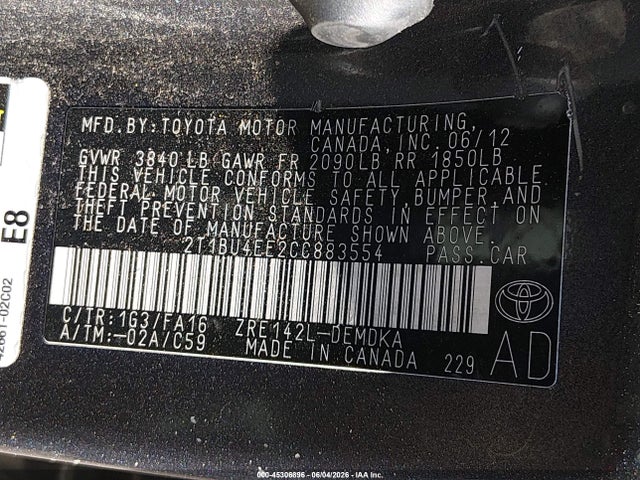 Продажа на аукционе авто 2012 Toyota Corolla L, vin: 2T1BU4EE2CC883554, номер лота: 45306896