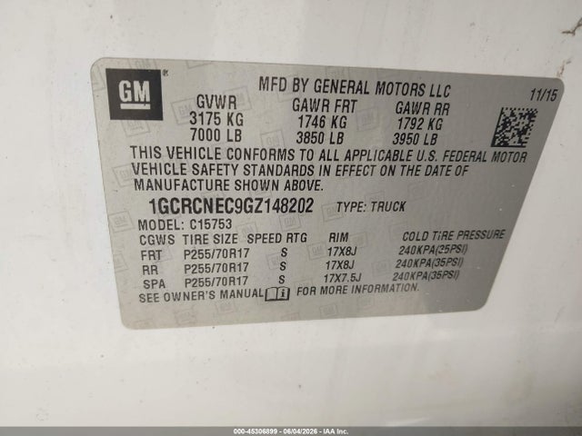 Aukcja sprzedaży 2016 Chevrolet Silverado 1500 Wt, vin: 1GCRCNEC9GZ148202, numer aukcji: 45306899
