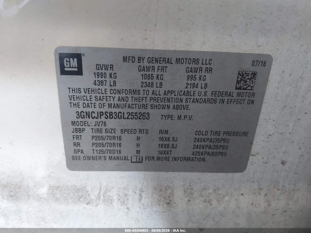 45306903 :رقم المزاد ، 3GNCJPSB3GL255263 vin ، 2016 Chevrolet Trax Lt مزاد بيع