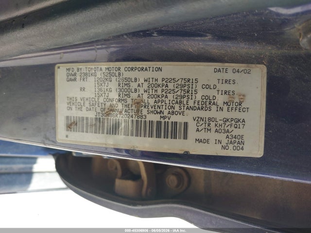 2002 Toyota 4runner Sr5 V6 მანქანა იყიდება აუქციონზე, vin: JT3GN86R720247883, აუქციონის ნომერი: 45306906