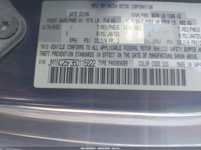 45306921 :رقم المزاد ، JM1NC25F360115822 vin ، 2006 Mazda Mx-5 Touring مزاد بيع