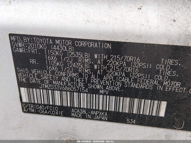 2008 Toyota Rav4 მანქანა იყიდება აუქციონზე, vin: JTMZD33V686057154, აუქციონის ნომერი: 45306932