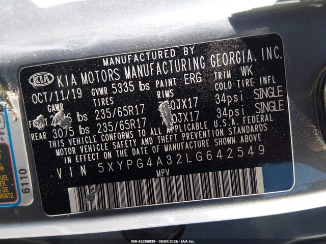 KIA Sorento 2.4l Lx 2020 5XYPG4A32LG642549 Image 9