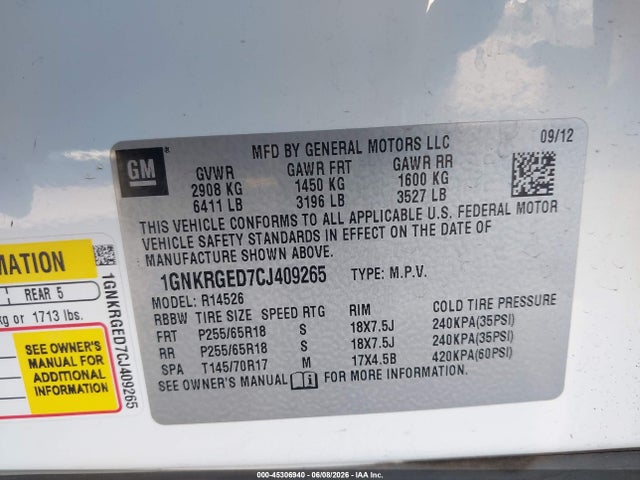 45306940 :رقم المزاد ، 1GNKRGED7CJ409265 vin ، 2012 Chevrolet Traverse 1lt مزاد بيع