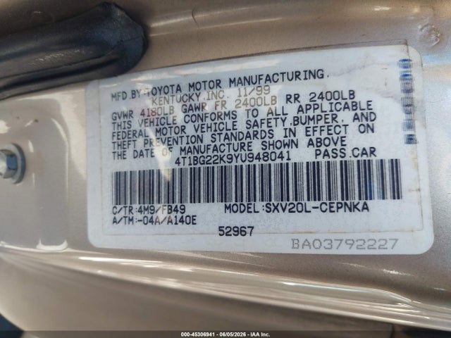 Aukcja sprzedaży 2000 Toyota Camry Le, vin: 4T1BG22K9YU948041, numer aukcji: 45306941