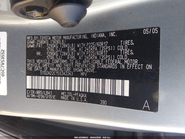 Продажа на аукционе авто 2005 Toyota Sienna Xle Limited, vin: 5TDZA22C15S342343, номер лота: 45306942