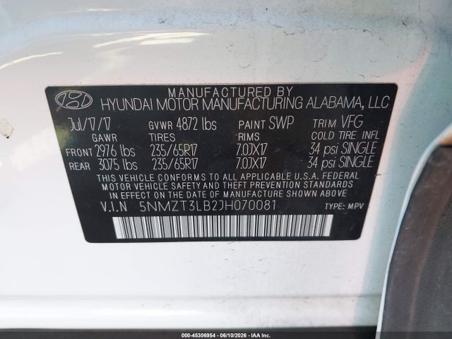 Aukcja sprzedaży 2018 Hyundai Santa Fe Sport 2.4l, vin: 5NMZT3LB2JH070081, numer aukcji: 45306954