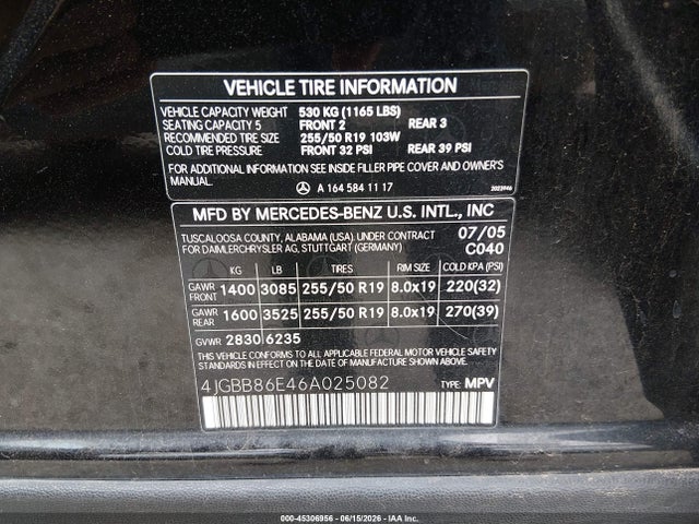 2006 Mercedes-benz Ml 350 4matic მანქანა იყიდება აუქციონზე, vin: 4JGBB86E46A025082, აუქციონის ნომერი: 45306956