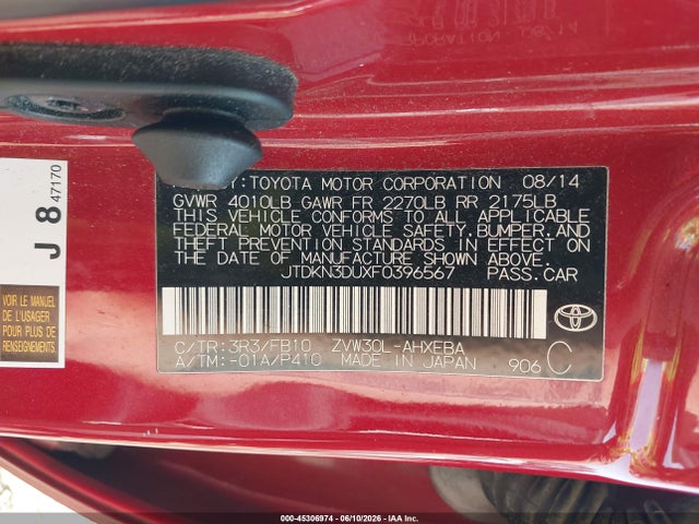 45306974 :رقم المزاد ، JTDKN3DUXF0396567 vin ، 2015 Toyota Prius Two مزاد بيع