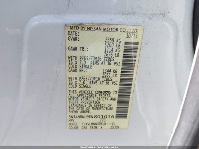 2014 Nissan Xterra S მანქანა იყიდება აუქციონზე, vin: 5N1AN0NU9EN801016, აუქციონის ნომერი: 45306989