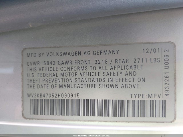 Aukcja sprzedaży 2002 Volkswagen Eurovan Gls, vin: WV2KB47052H090915, numer aukcji: 45306992