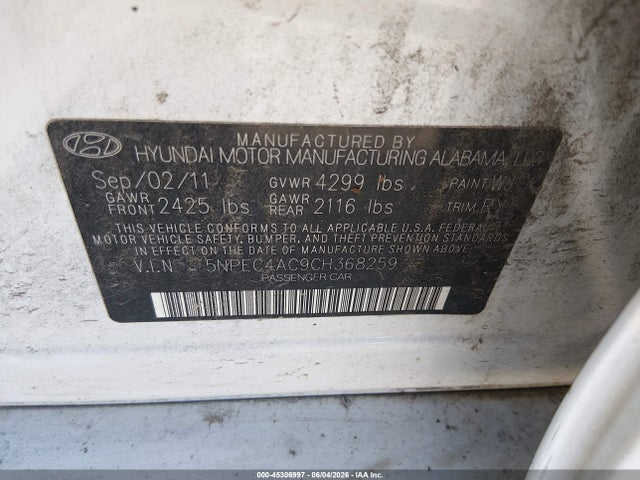 Продаж на аукціоні авто 2012 Hyundai Sonata Limited, vin: 5NPEC4AC9CH368259, номер лоту: 45306997