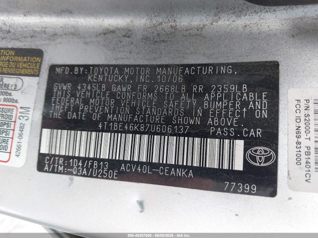 Продаж на аукціоні авто 2007 Toyota Camry Le, vin: 4T1BE46K87U606137, номер лоту: 45307000