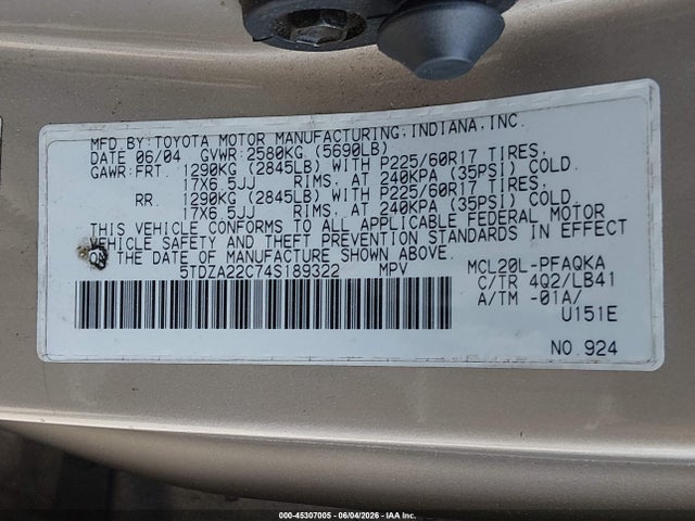 45307005 :رقم المزاد ، 5TDZA22C74S189322 vin ، 2004 Toyota Sienna Xle Limited مزاد بيع