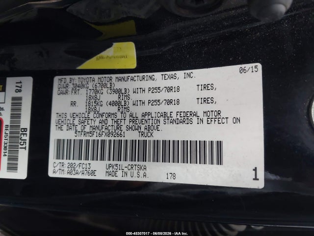 Продаж на аукціоні авто 2015 Toyota Tundra Sr5 4.6l V8, vin: 5TFRM5F16FX092661, номер лоту: 45307017