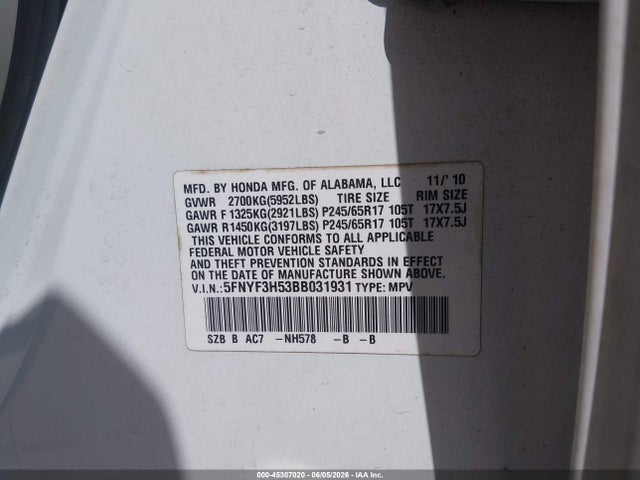 Продажа на аукционе авто 2011 Honda Pilot Ex-l, vin: 5FNYF3H53BB031931, номер лота: 45307020