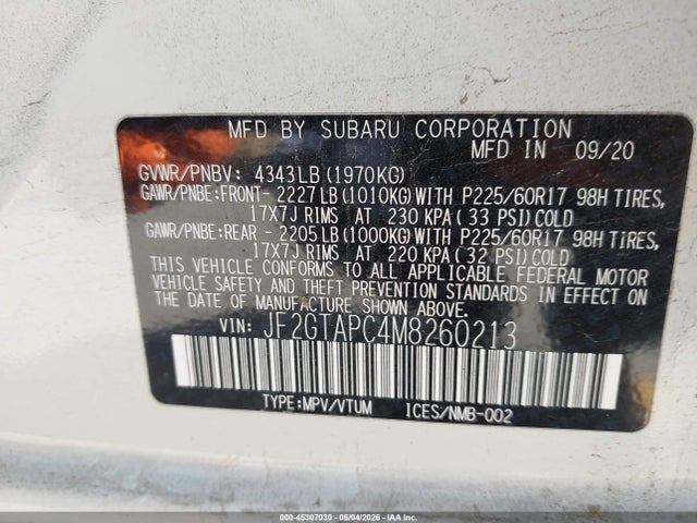 Продаж на аукціоні авто 2021 Subaru Crosstrek Premium, vin: JF2GTAPC4M8260213, номер лоту: 45307030