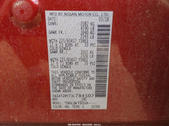 Aukcja sprzedaży 2018 Nissan Rogue Sv, vin: 5N1AT2MT7JC784507, numer aukcji: 45307036