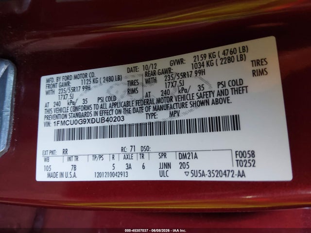 Продажа на аукционе авто 2013 Ford Escape Se, vin: 1FMCU0G9XDUB40203, номер лота: 45307037