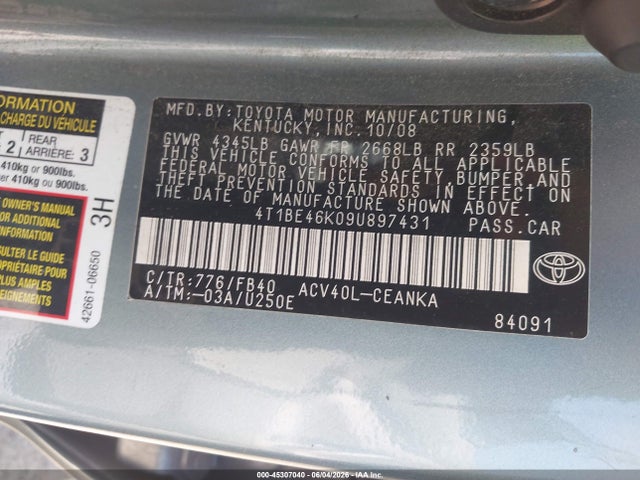 2009 Toyota Camry Le მანქანა იყიდება აუქციონზე, vin: 4T1BE46K09U897431, აუქციონის ნომერი: 45307040