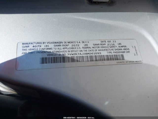 45307041 :رقم المزاد ، 3VW2K7AJ3BM361593 vin ، 2011 Volkswagen Jetta 2.0l S مزاد بيع