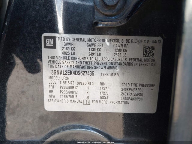 45307042 :رقم المزاد ، 3GNAL2EK4DS627436 vin ، 2013 Chevrolet Captiva Sport 2ls مزاد بيع