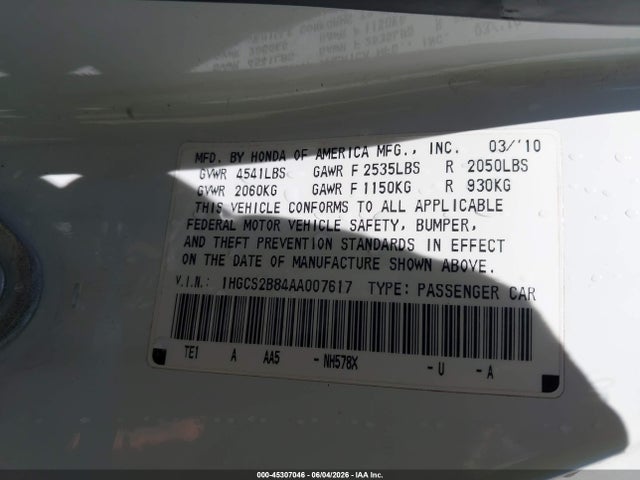 Aukcja sprzedaży 2010 Honda Accord 3.5 Ex-l, vin: 1HGCS2B84AA007617, numer aukcji: 45307046