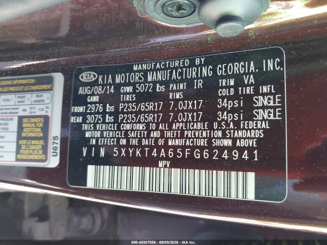 Продаж на аукціоні авто 2015 Kia Sorento Lx, vin: 5XYKT4A65FG624941, номер лоту: 45307058