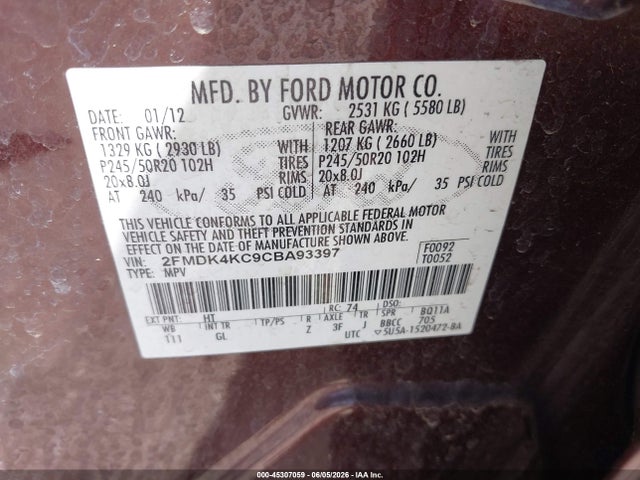 Aukcja sprzedaży 2012 Ford Edge Limited, vin: 2FMDK4KC9CBA93397, numer aukcji: 45307059