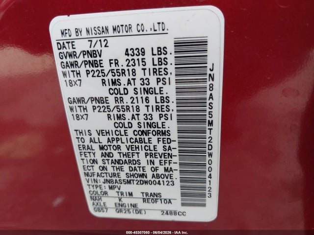 Продаж на аукціоні авто 2013 Nissan Rogue Sv W/sl Pkg, vin: JN8AS5MT2DW004123, номер лоту: 45307080