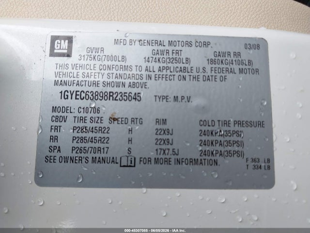 Aukcja sprzedaży 2008 Cadillac Escalade Standard, vin: 1GYEC63898R235645, numer aukcji: 45307085