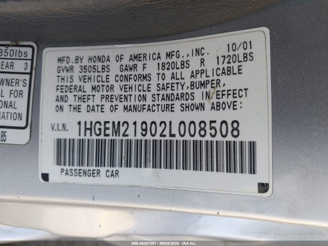 45307091 :رقم المزاد ، 1HGEM21902L008508 vin ، 2002 Honda Civic Ex مزاد بيع