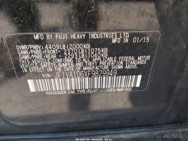 Продаж на аукціоні авто 2015 Subaru Wrx Premium, vin: JF1VA1D6XF9829949, номер лоту: 45307104