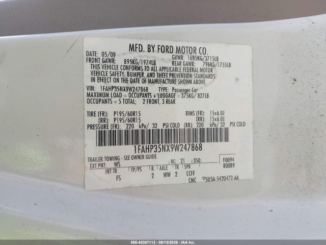 Aukcja sprzedaży 2009 Ford Focus Se, vin: 1FAHP35NX9W247868, numer aukcji: 45307113
