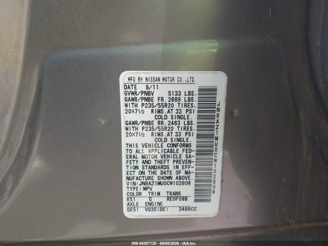 Продажа на аукционе авто 2012 Nissan Murano Le, vin: JN8AZ1MU0CW102806, номер лота: 45307120