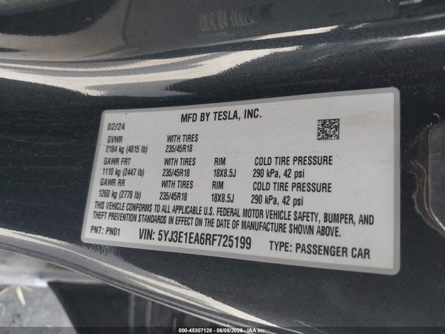 45307128 :رقم المزاد ، 5YJ3E1EA6RF725199 vin ، 2024 Tesla Model 3 Long Range Dual Motor All-wheel Drive/rear-wheel Drive مزاد بيع