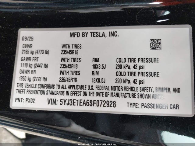 Продажа на аукционе авто 2025 Tesla Model 3 Long Range Rear-wheel Drive/standard Rear-wheel Drive, vin: 5YJ3E1EA6SF072928, номер лота: 45307131