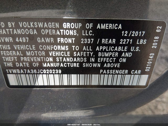 Aukcja sprzedaży 2018 Volkswagen Passat 2.0t Se, vin: 1VWBA7A36JC020239, numer aukcji: 45307147