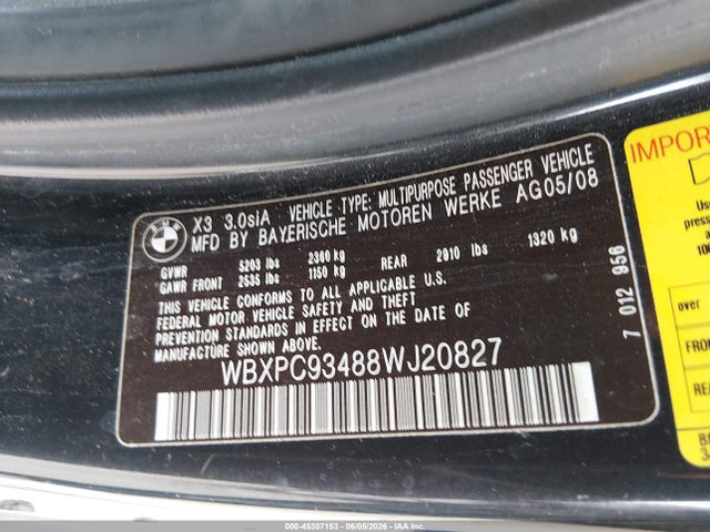 Продаж на аукціоні авто 2008 Bmw X3 3.0si, vin: WBXPC93488WJ20827, номер лоту: 45307153