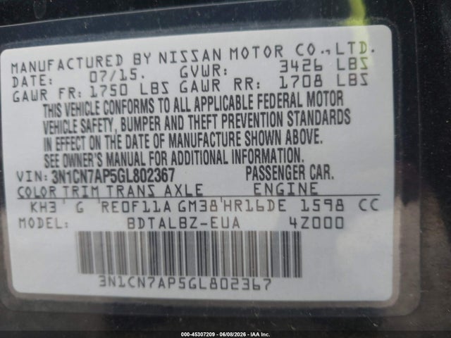 3N1CN7AP5GL802367 Nissan Versa 1.6 S/1.6 S+/1.6 Sl/1.6 Sv