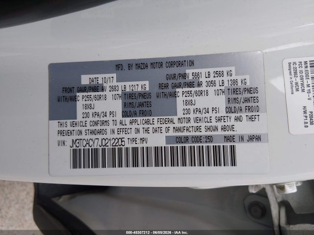 45307212 :رقم المزاد ، JM3TCACY7J0212205 vin ، 2018 Mazda Cx-9 Touring مزاد بيع