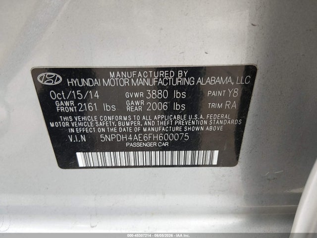 2015 Hyundai Elantra Se მანქანა იყიდება აუქციონზე, vin: 5NPDH4AE6FH600075, აუქციონის ნომერი: 45307214